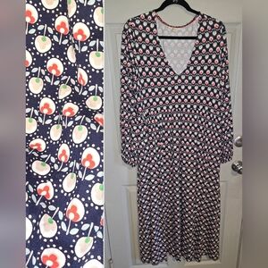 Boden Retro Geometric Floral Print Longsleeve Midi Dress Women's US 12 or L XL